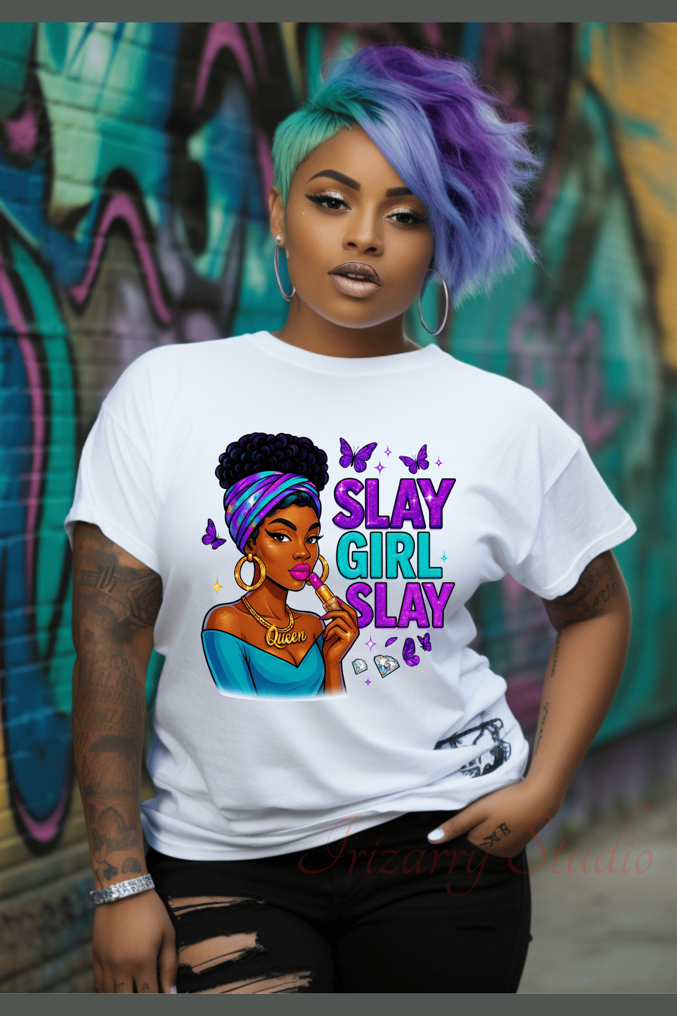Slay Girl Slay PNG – Afro Melanin Queen Graphic with Butterflies & Headwrap for Sublimation & DIY