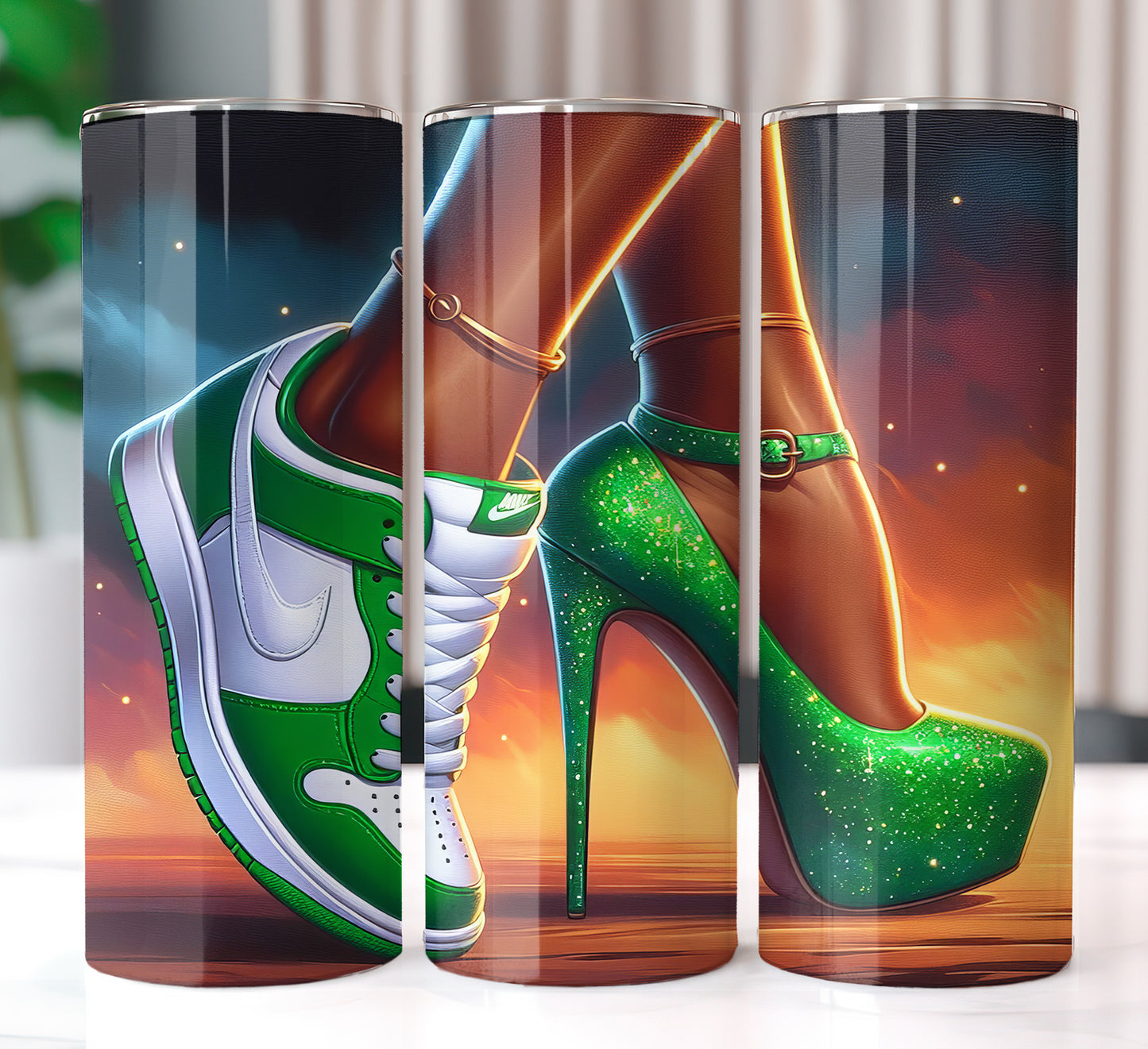 Green Sneaker vs Heel 20oz Skinny Stainless Steel Tumbler