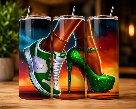 Green Sneaker vs Heel 20oz Skinny Stainless Steel Tumbler