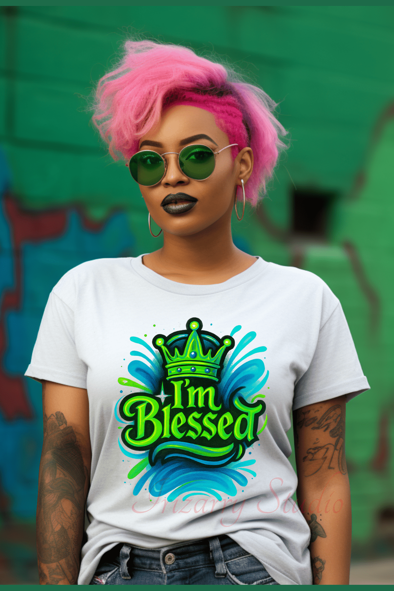 I’m Blessed Crown PNG – Green & Blue Christian Graffiti Design for Shirts, Hoodies & Sublimation