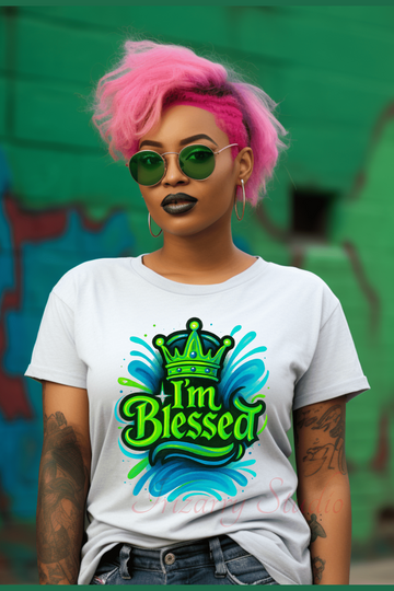 I’m Blessed Crown PNG – Green & Blue Christian Graffiti Design for Shirts, Hoodies & Sublimation