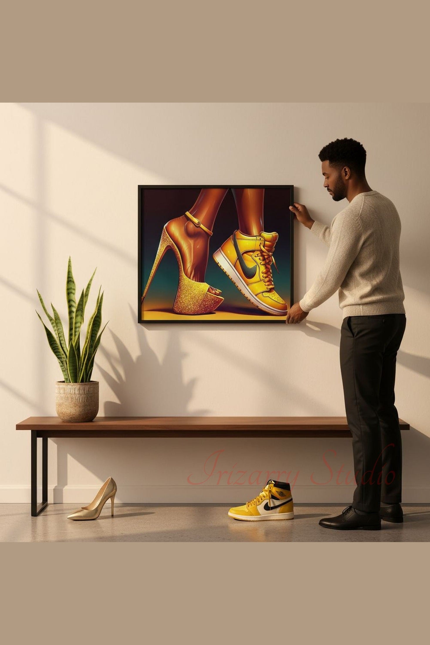 Luxury Street Style Art – Gold Sneaker vs Heel Digital Wall Art Printable Poster