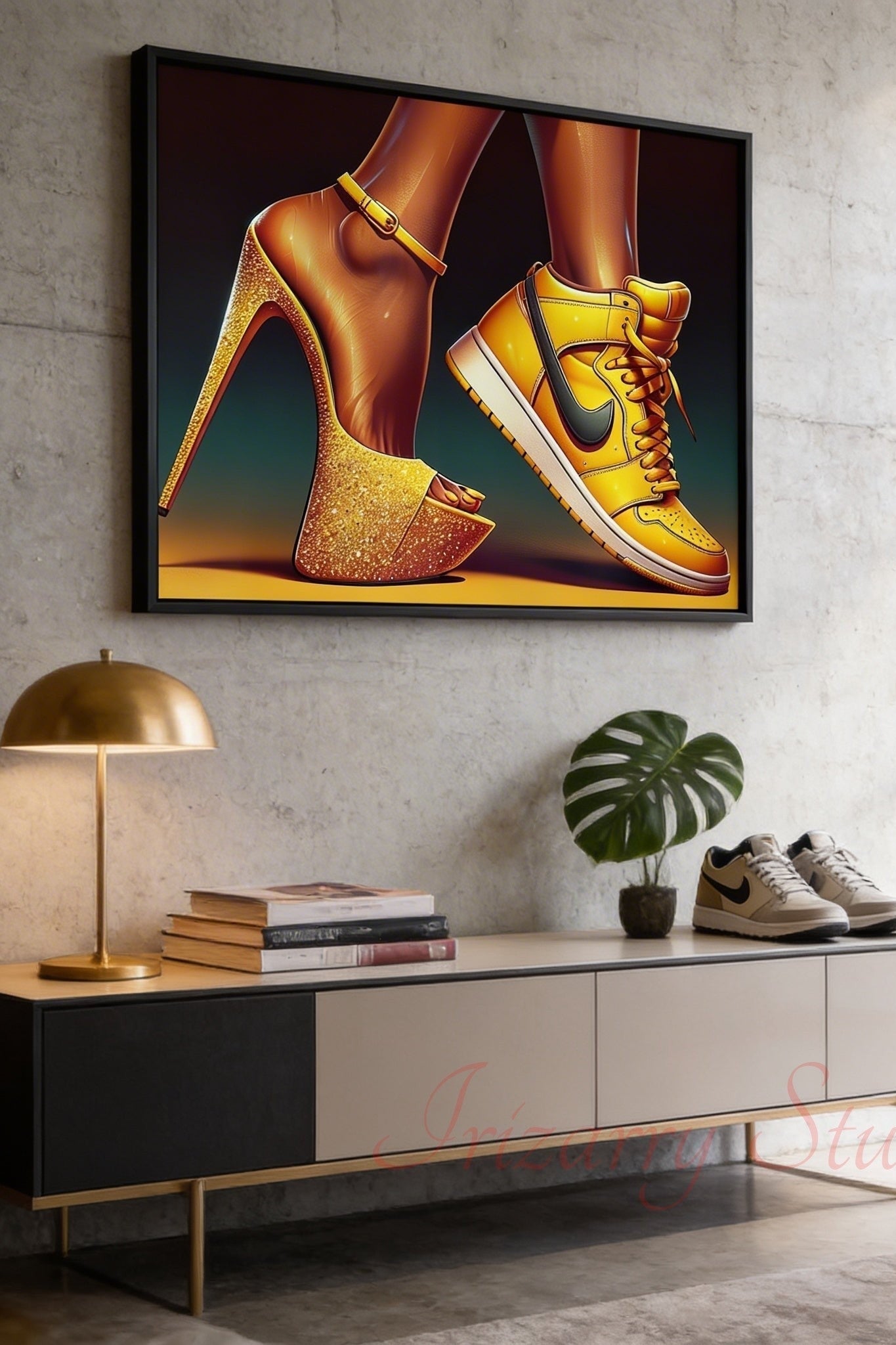Luxury Street Style Art – Gold Sneaker vs Heel Digital Wall Art Printable Poster