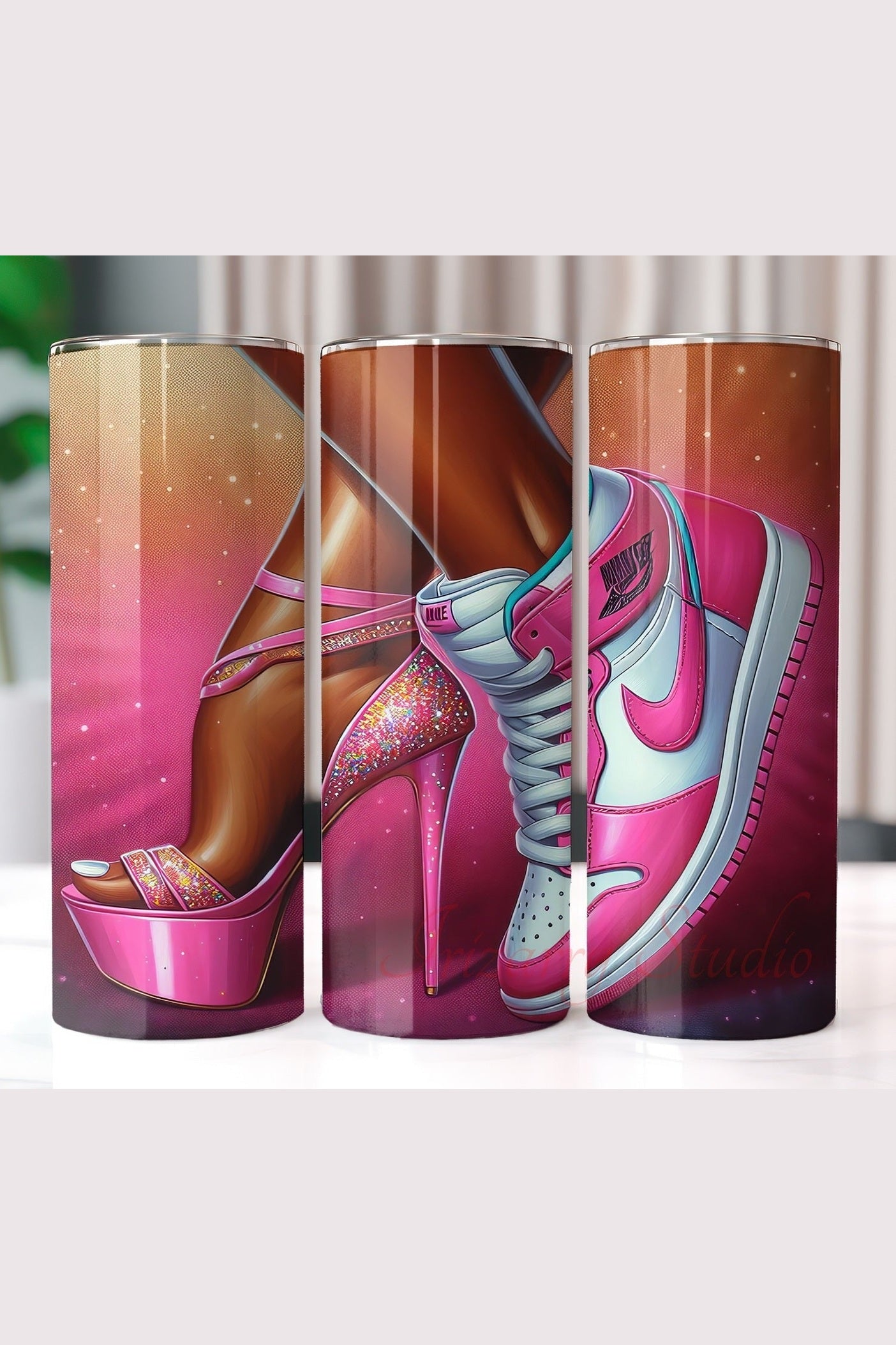 Pink Glam Tumbler Wrap PNG | High Heel & Sneaker Design | Fashion Glitter Sublimation | 20oz Skinny Tumbler Design
